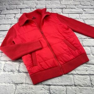 T by Talbots Womens Pink Hybrid Puffer Knit Full Zip Jacket XS Mock Neck Pocket